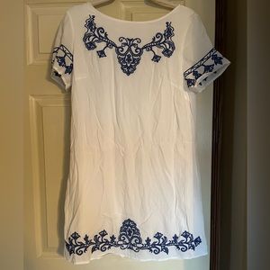 Lulu’s White Shift Dress with Blue Embroidery